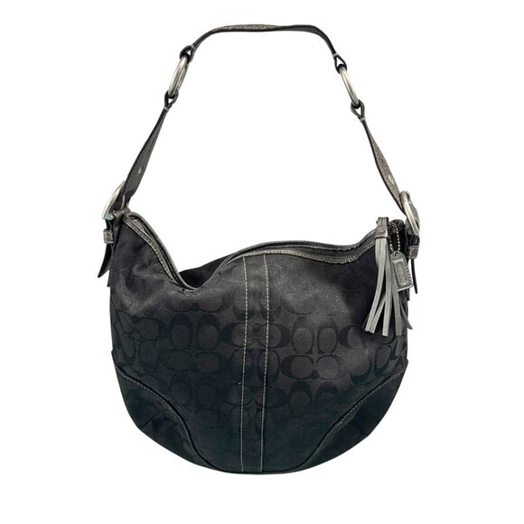 Coach Signature Logo Lurex Hobo Bag 8K37 Black Satchel Shoulder Python Handle - Picture 1 of 9